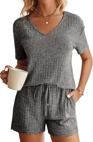 Ekouaer Womens Ribbed Knit Lounge Set Short Sleeve Top and Shorts Sleepwear Pajama Set Two Piece Shorts Outfits Set