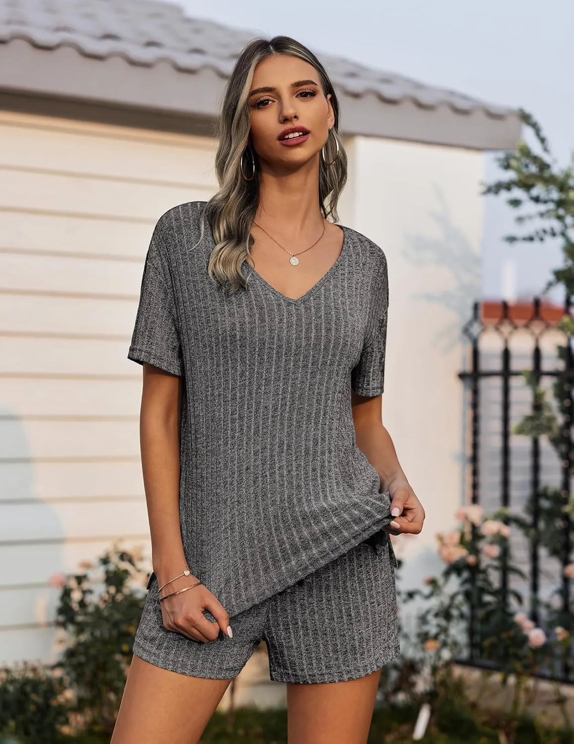 Ekouaer Womens Ribbed Knit Lounge Set Short Sleeve Top and Shorts Sleepwear Pajama Set Two Piece Shorts Outfits Set