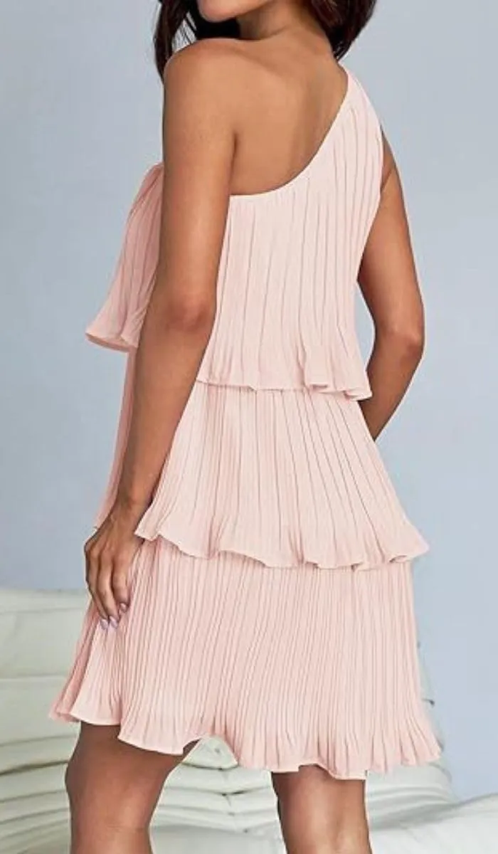 ELFTOWN Women's Summer Sleeveless Mini Dress Boho One Shoulder Ruffle Tiered Layered Chiffon Flowy Pleated A Line Dress