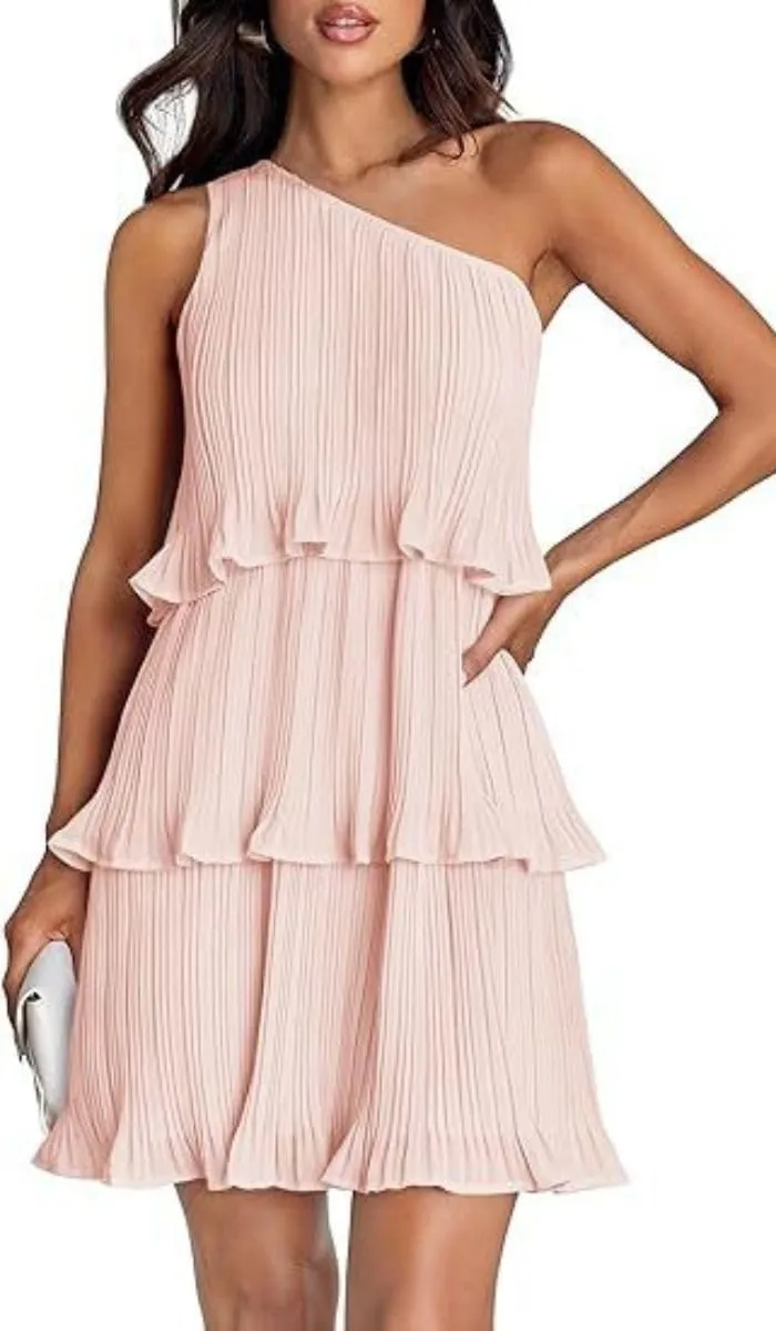 ELFTOWN Women's Summer Sleeveless Mini Dress Boho One Shoulder Ruffle Tiered Layered Chiffon Flowy Pleated A Line Dress