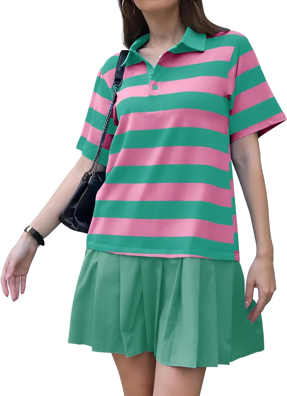 ETCYY NEW Summer Dresses for Women 2025 Polo Collar Sport or Daily Mini Dress Striped Colorblock