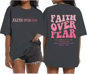 Faith Over Fear Shirt Womens Jesus Christian Tshirts Oversized Religious Sayings Bible Verse Inspirational Casual Tee Tops