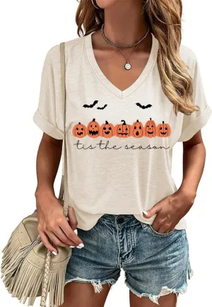 Fall V Neck T Shirt Funny Halloween Thanksgiving Graphic Tee Casual Family Halloween Costume Tops