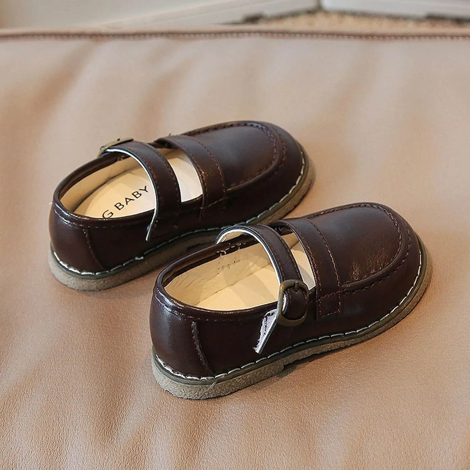 Fashion Autumn Girls Casual Shoes Flat Round Toe Lightweight Solid Color Buckle Dress Shoes Simple Style Toddler Shoes (Brown, 3.5-4 Years Toddler)