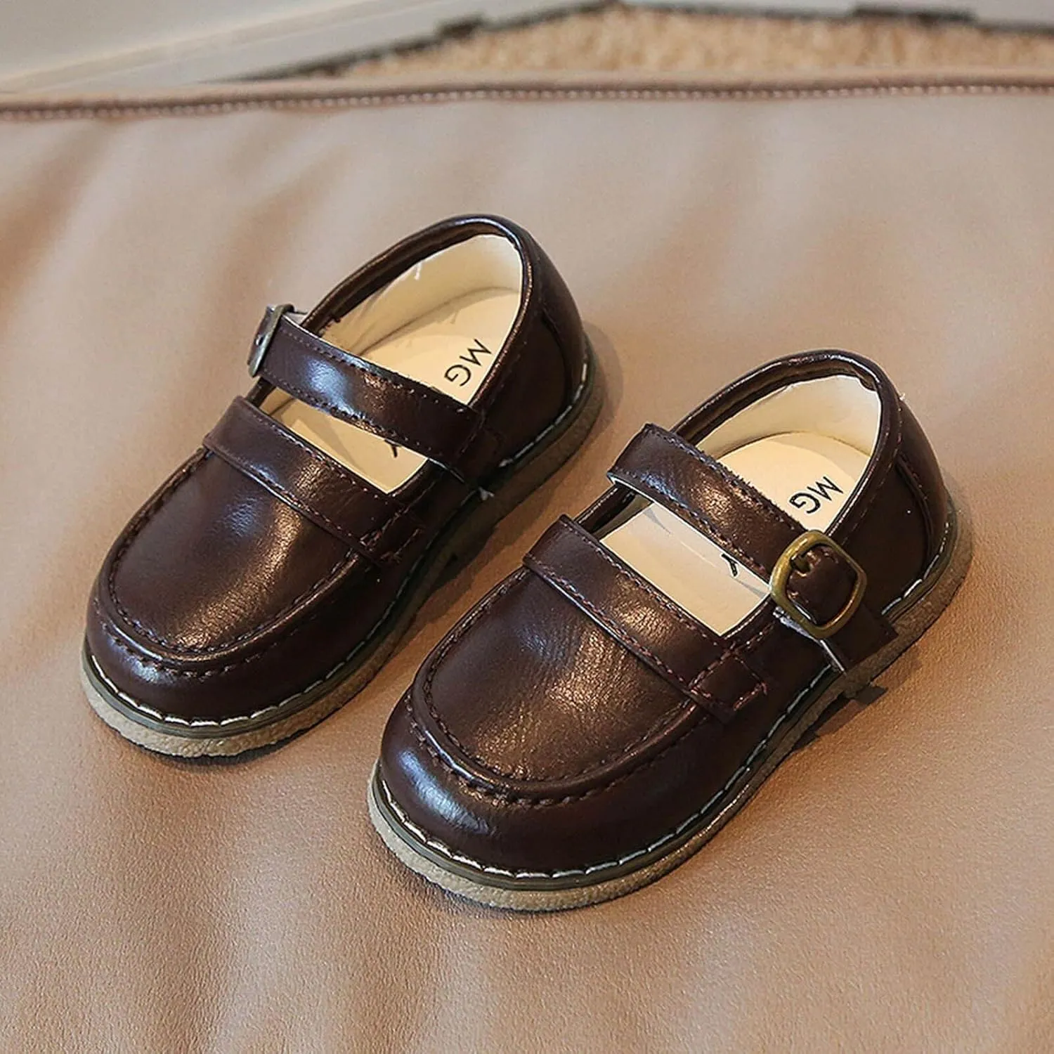 Fashion Autumn Girls Casual Shoes Flat Round Toe Lightweight Solid Color Buckle Dress Shoes Simple Style Toddler Shoes (Brown, 3.5-4 Years Toddler)