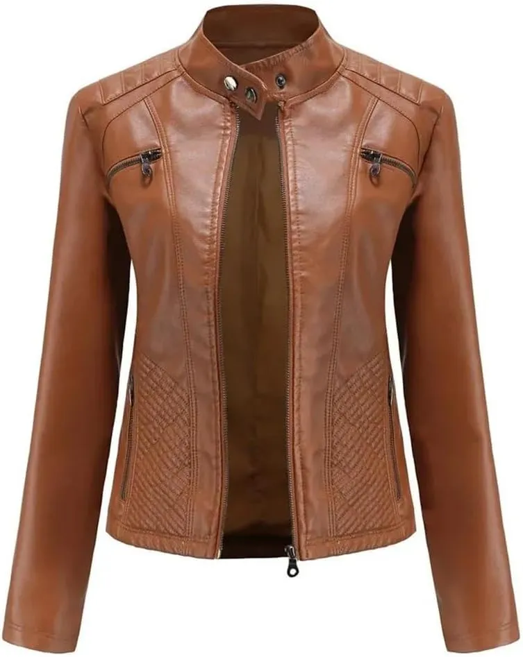 Faux Leather Jacket Women Spring Autumn Moto Biker Zipper Jacket Fashion Outerwears