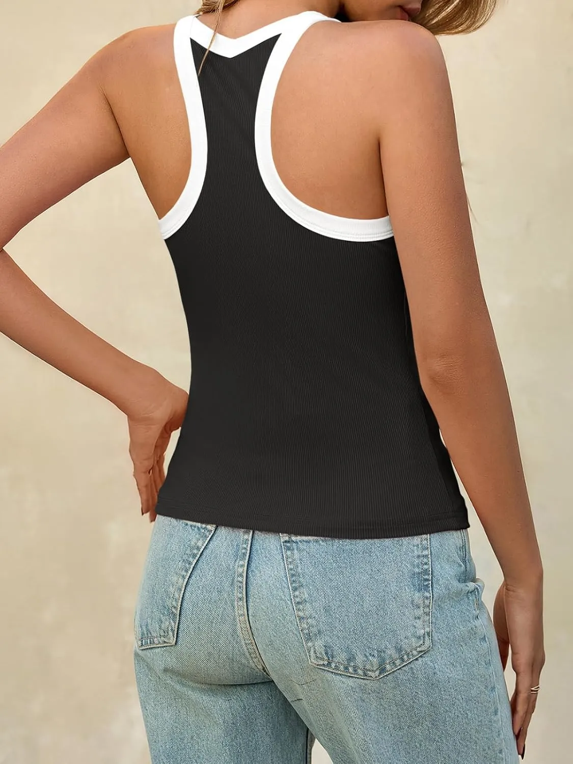 Fisoew Women's Sexy Deep V Neck Tank Tops Summer Casual Sleeveless Slim Fit Ribbed Knit Y2K Going Out Cami Shirts