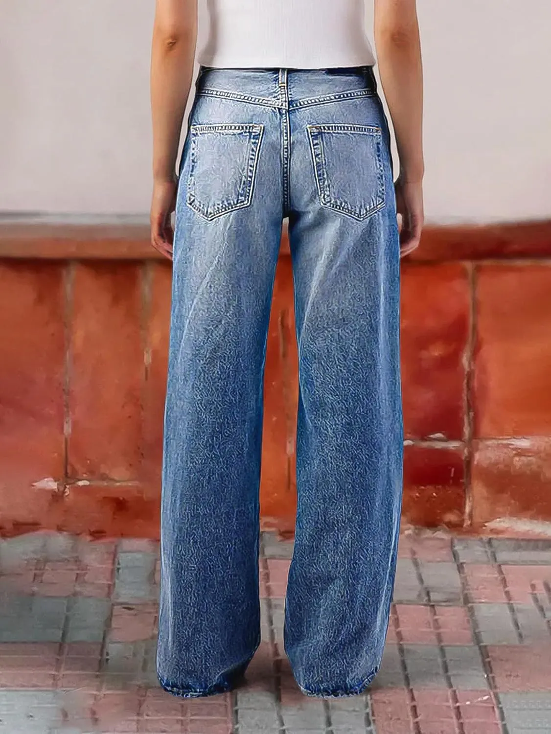 Flamingals Wide Leg Jeans for Women Mid Waist Baggy Stitch Decor Denim Washed Pants Without Belt