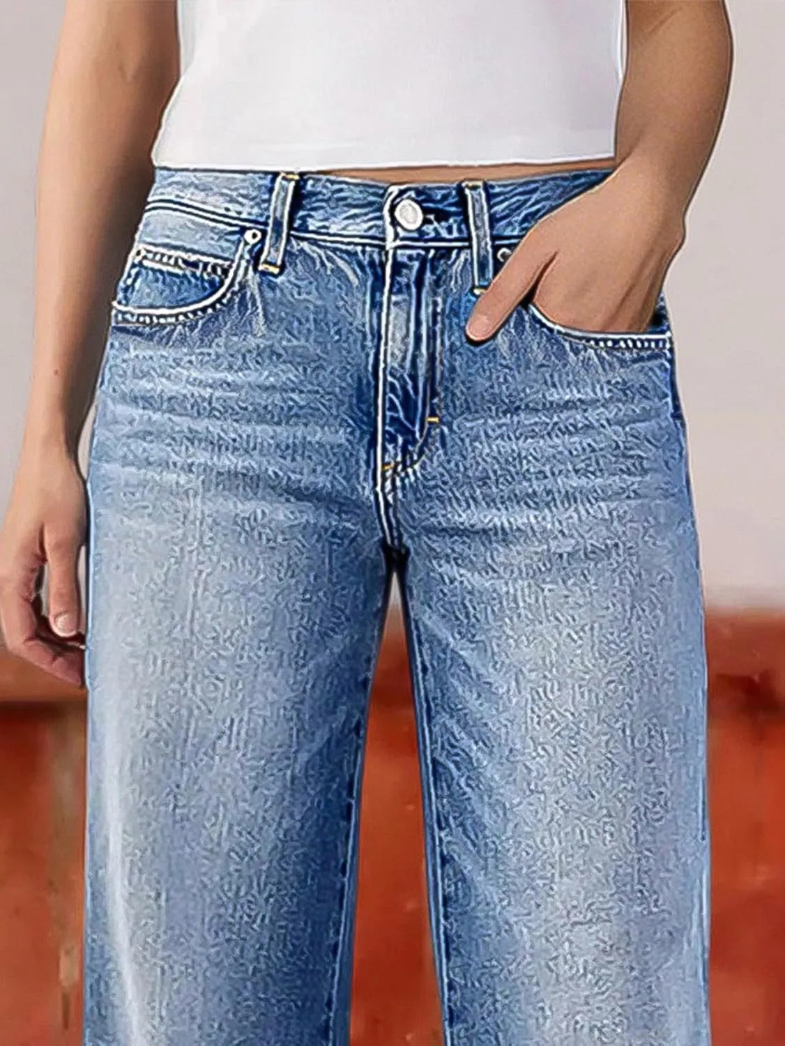 Flamingals Wide Leg Jeans for Women Mid Waist Baggy Stitch Decor Denim Washed Pants Without Belt
