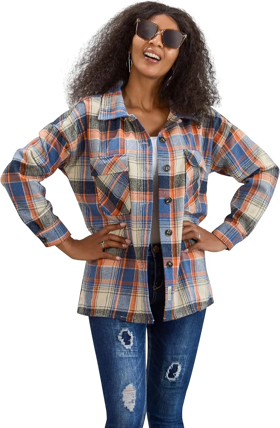 Flannel Shacket Women Casual Button Down Plaid Shirt Jacket Wool Blended Oversize Shirts Pea Coat Loose Fit