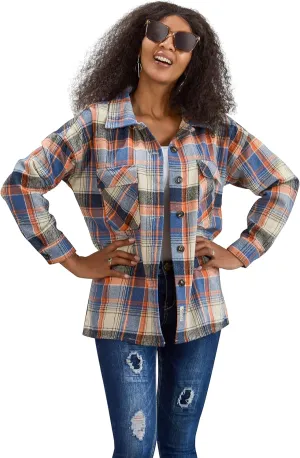 Flannel Shacket Women Casual Button Down Plaid Shirt Jacket Wool Blended Oversize Shirts Pea Coat Loose Fit