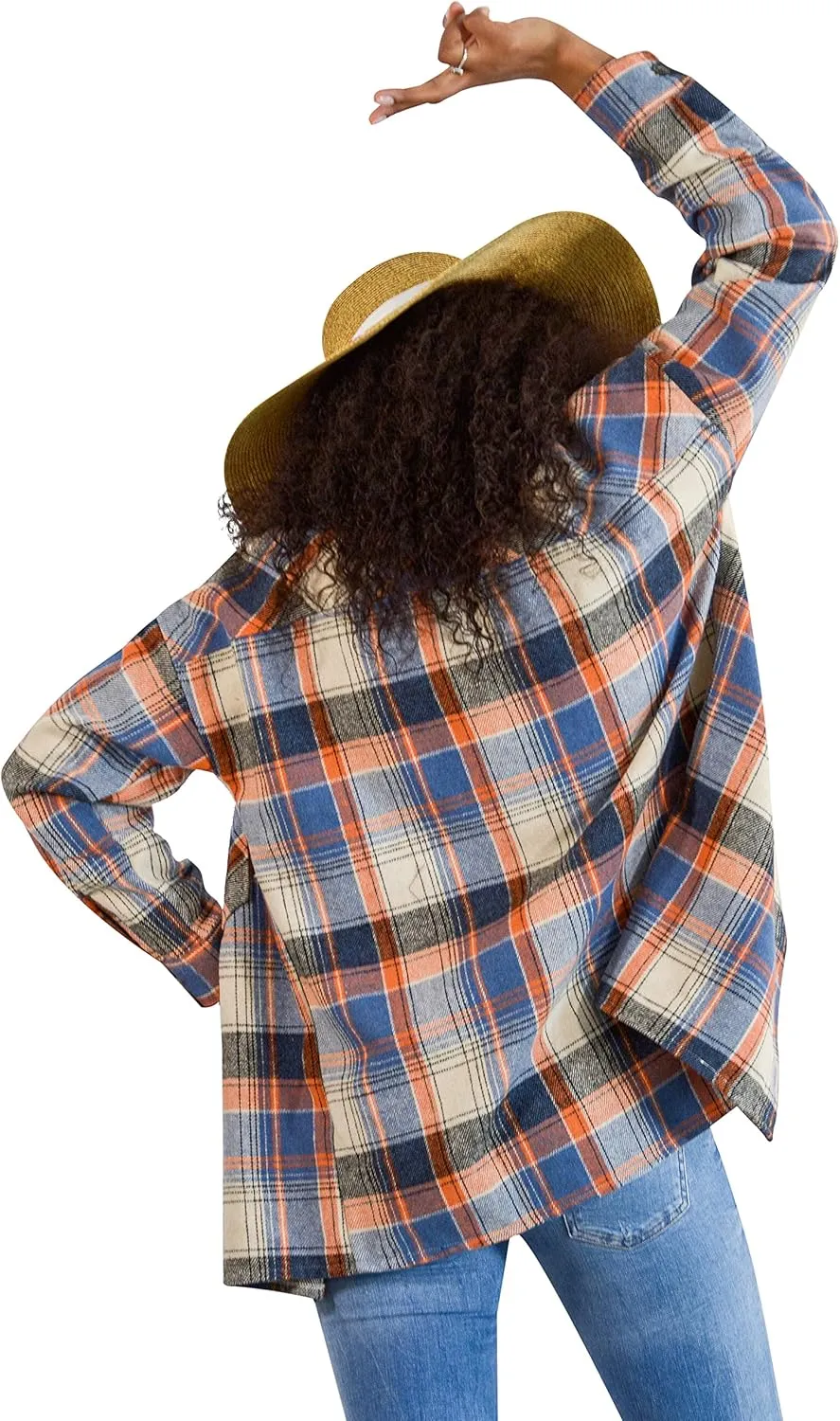 Flannel Shacket Women Casual Button Down Plaid Shirt Jacket Wool Blended Oversize Shirts Pea Coat Loose Fit