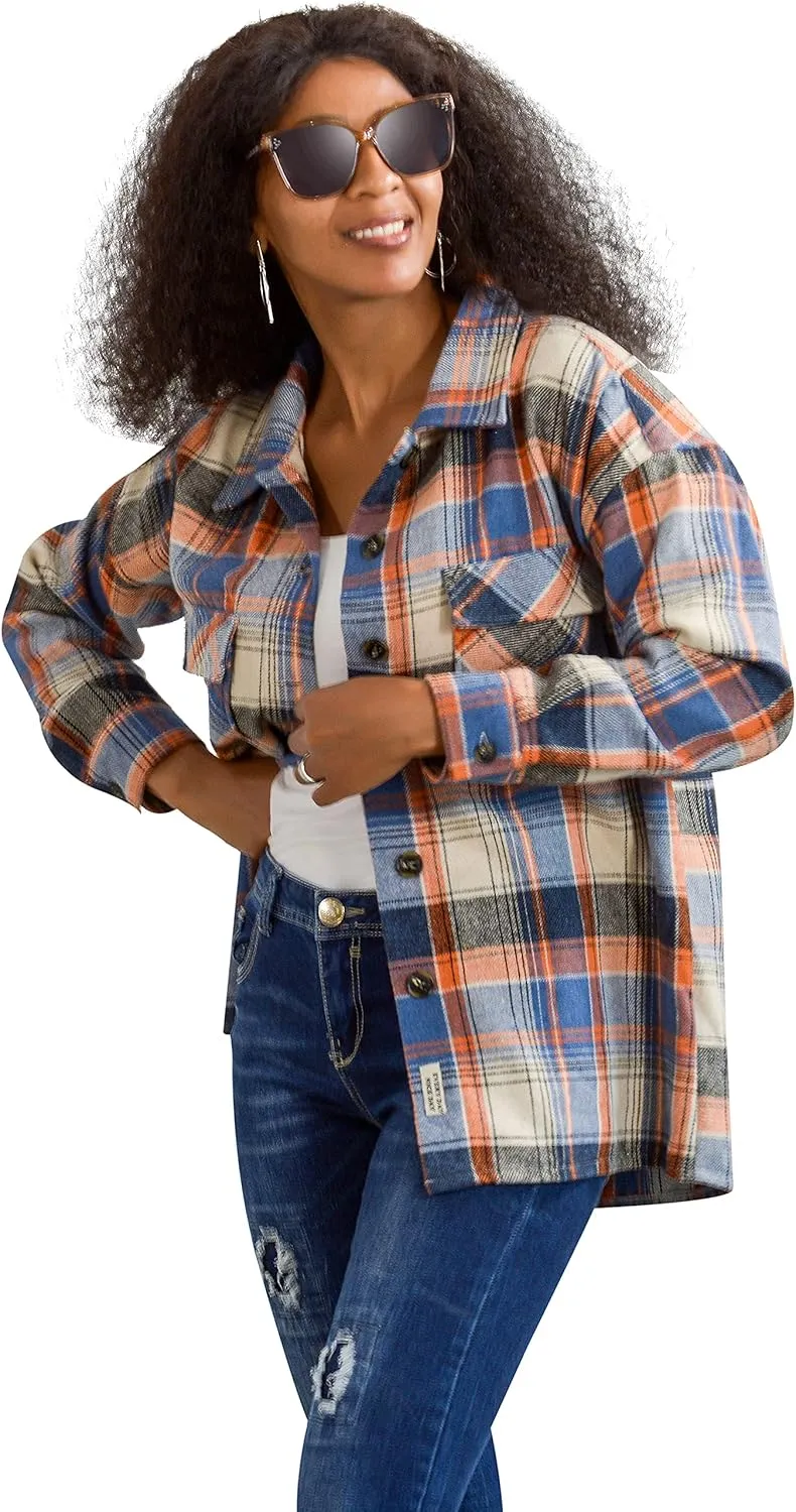 Flannel Shacket Women Casual Button Down Plaid Shirt Jacket Wool Blended Oversize Shirts Pea Coat Loose Fit