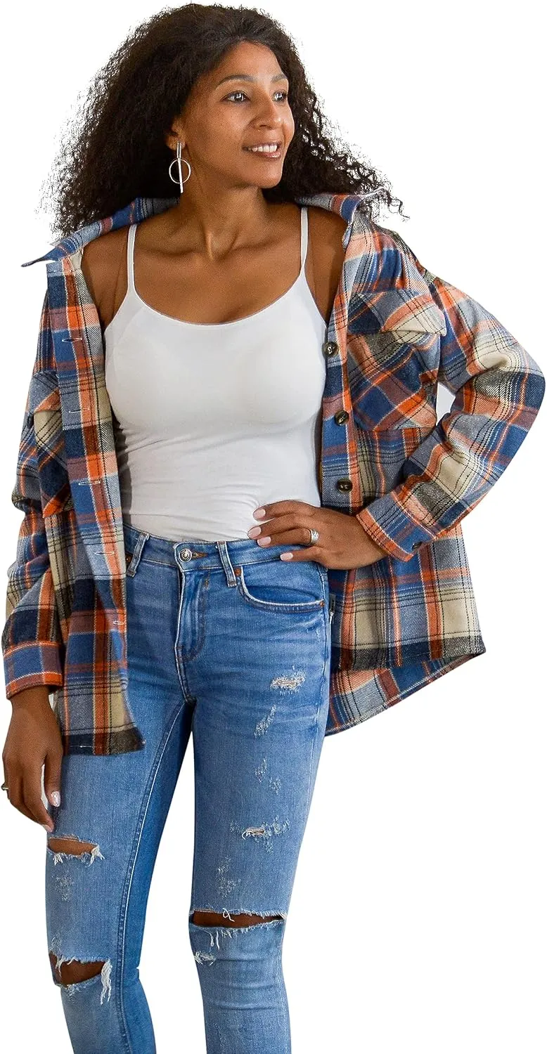 Flannel Shacket Women Casual Button Down Plaid Shirt Jacket Wool Blended Oversize Shirts Pea Coat Loose Fit