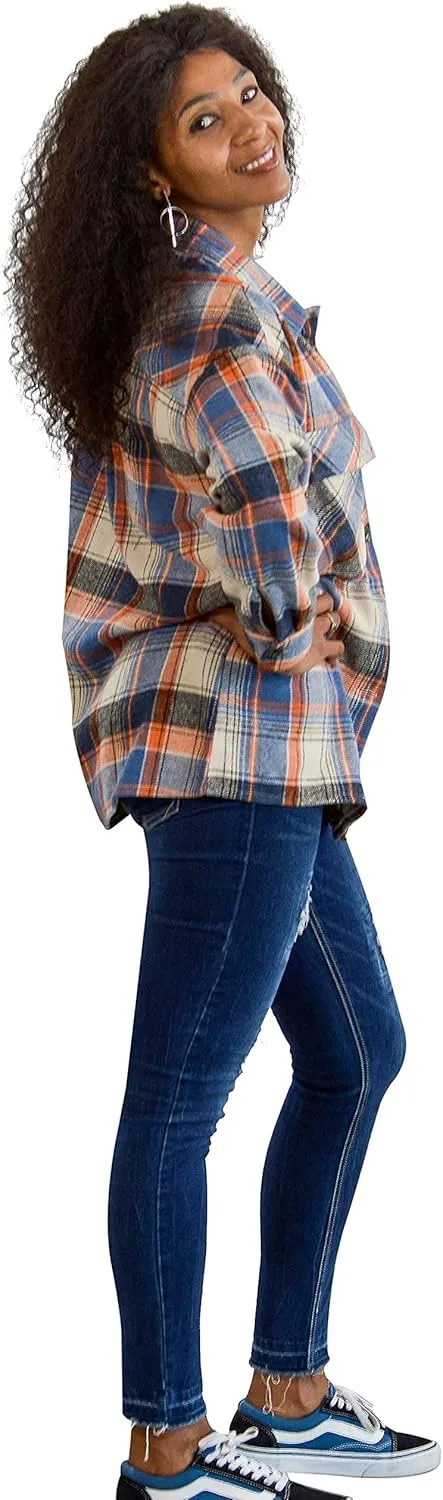 Flannel Shacket Women Casual Button Down Plaid Shirt Jacket Wool Blended Oversize Shirts Pea Coat Loose Fit