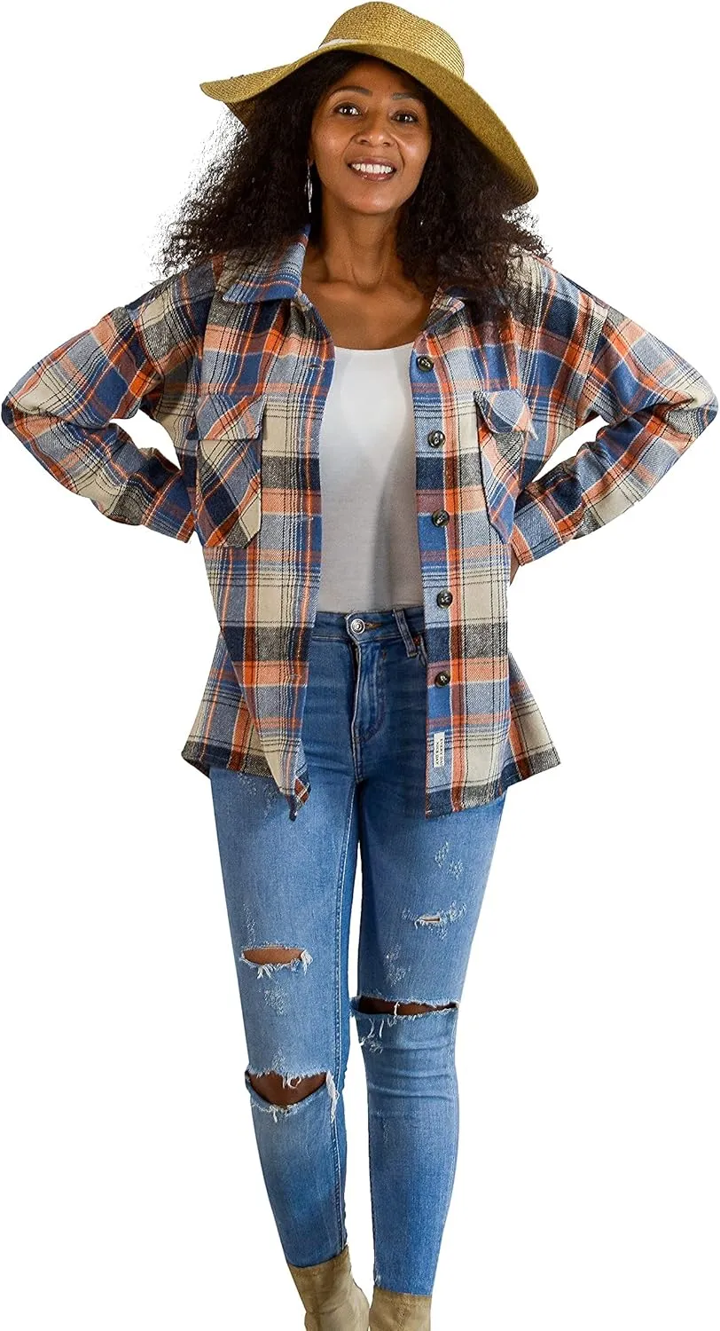Flannel Shacket Women Casual Button Down Plaid Shirt Jacket Wool Blended Oversize Shirts Pea Coat Loose Fit