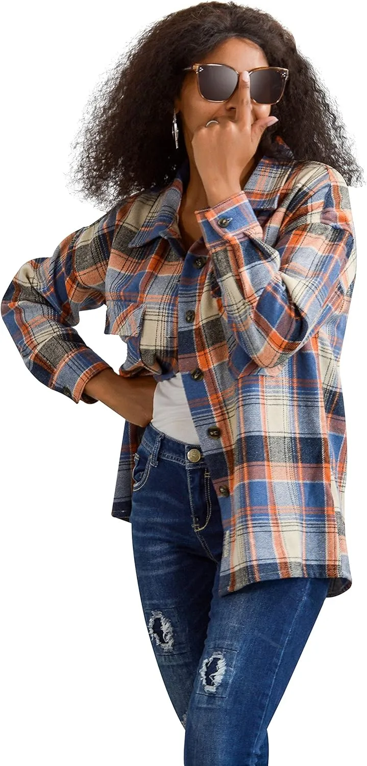 Flannel Shacket Women Casual Button Down Plaid Shirt Jacket Wool Blended Oversize Shirts Pea Coat Loose Fit