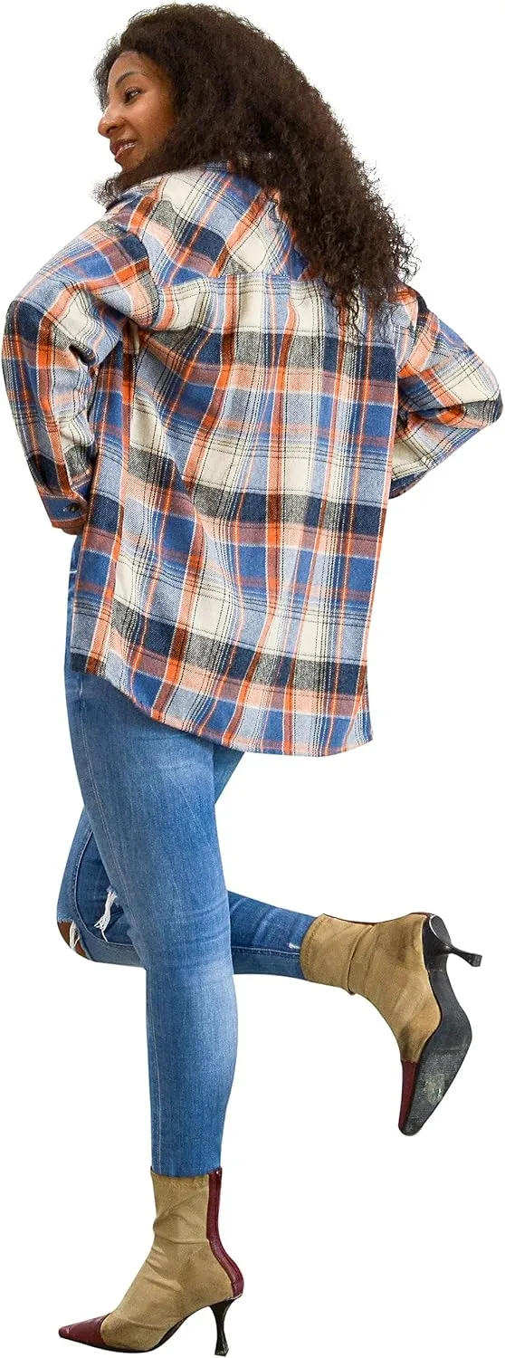Flannel Shacket Women Casual Button Down Plaid Shirt Jacket Wool Blended Oversize Shirts Pea Coat Loose Fit