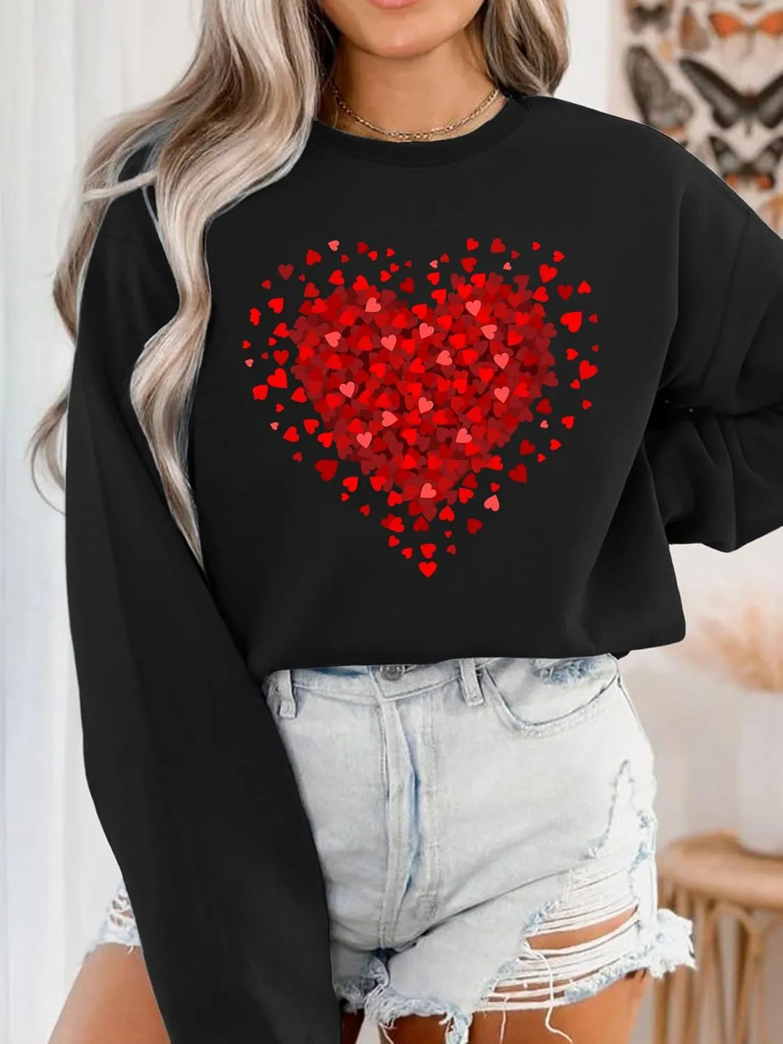 FLORENCE IISA Womens Oversized Graphic Crewneck Sweatshirt Long Sleeve Pullover Tops Heart Print Valentines Sweatshirt