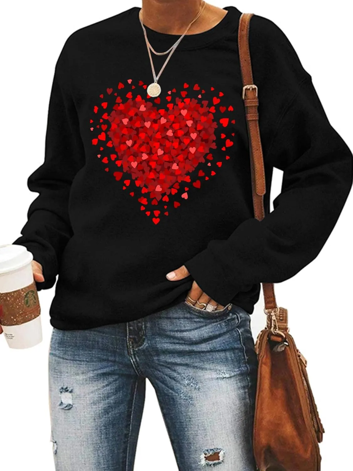 FLORENCE IISA Womens Oversized Graphic Crewneck Sweatshirt Long Sleeve Pullover Tops Heart Print Valentines Sweatshirt