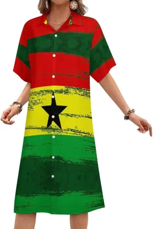 Ghana Flag Womens Button Down Shirt Dresses Cute Button Up Short Sleeve Blouse Tops
