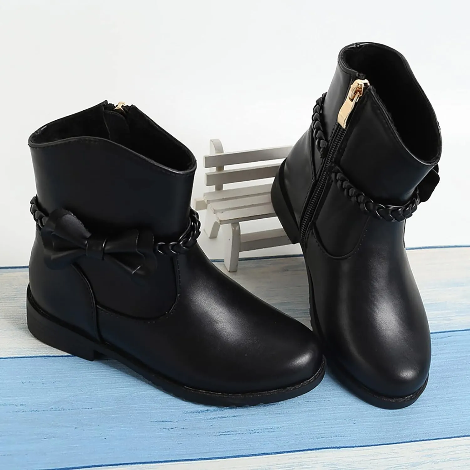 Girls Bow Decor Braided Detail Zip Side Western Boots Kids Ankle Boots Girls Low Heel Riding Kids Boots for Girls