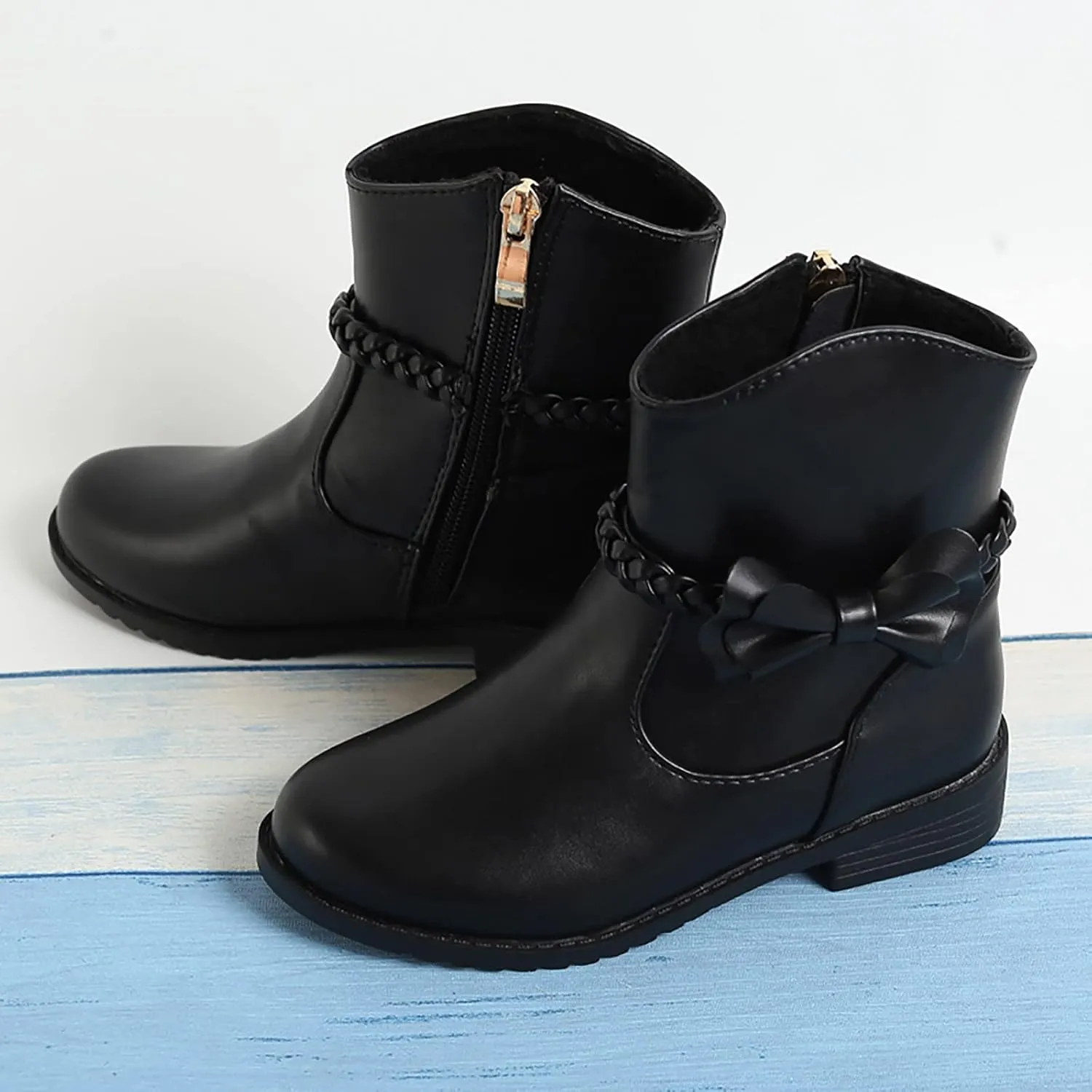 Girls Bow Decor Braided Detail Zip Side Western Boots Kids Ankle Boots Girls Low Heel Riding Kids Boots for Girls