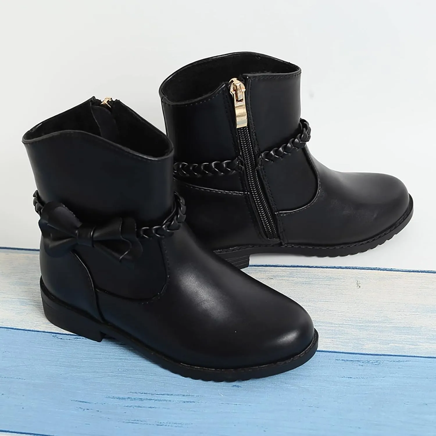 Girls Bow Decor Braided Detail Zip Side Western Boots Kids Ankle Boots Girls Low Heel Riding Kids Boots for Girls
