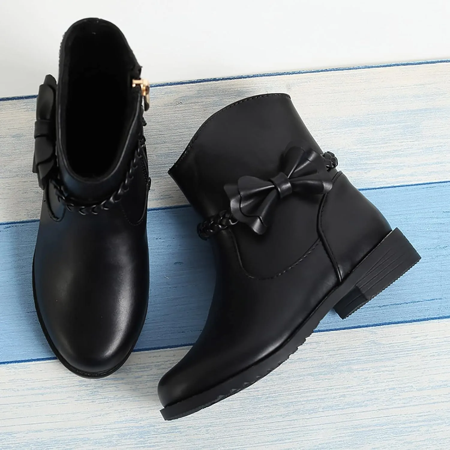 Girls Bow Decor Braided Detail Zip Side Western Boots Kids Ankle Boots Girls Low Heel Riding Kids Boots for Girls