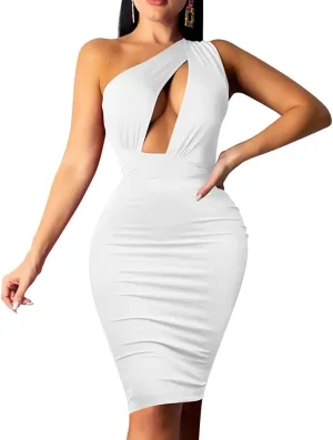 GOKATOSAU Women's Sexy One Shoulder Sleeveless Cut Out Party Club Midi Dress