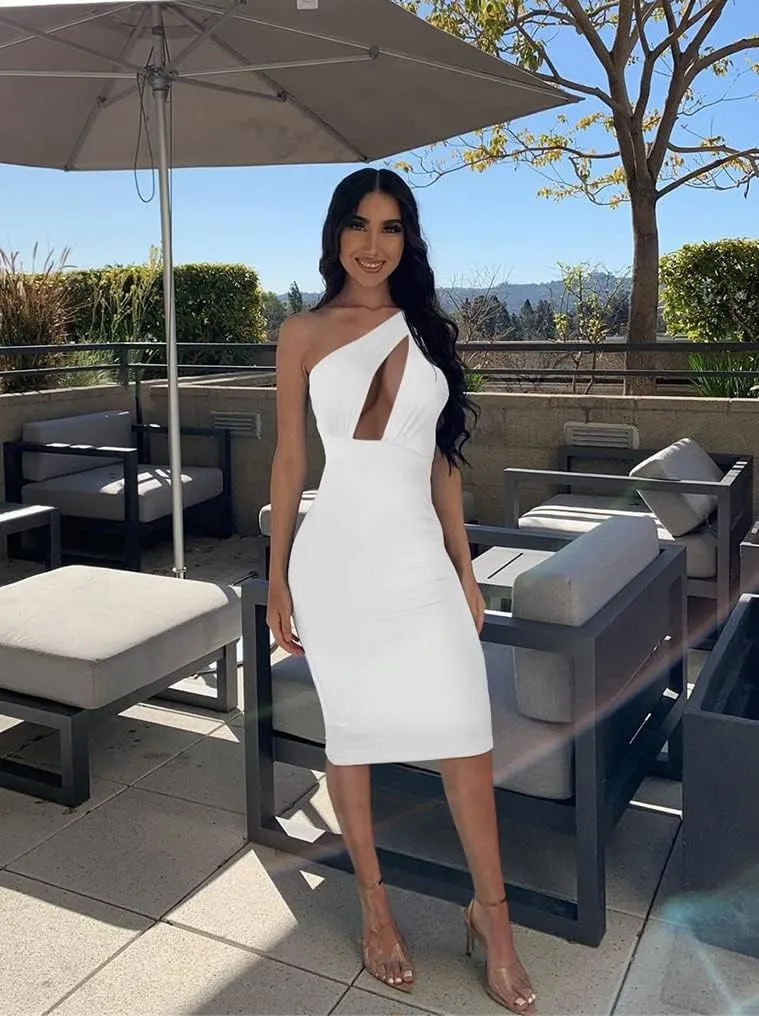 GOKATOSAU Women's Sexy One Shoulder Sleeveless Cut Out Party Club Midi Dress
