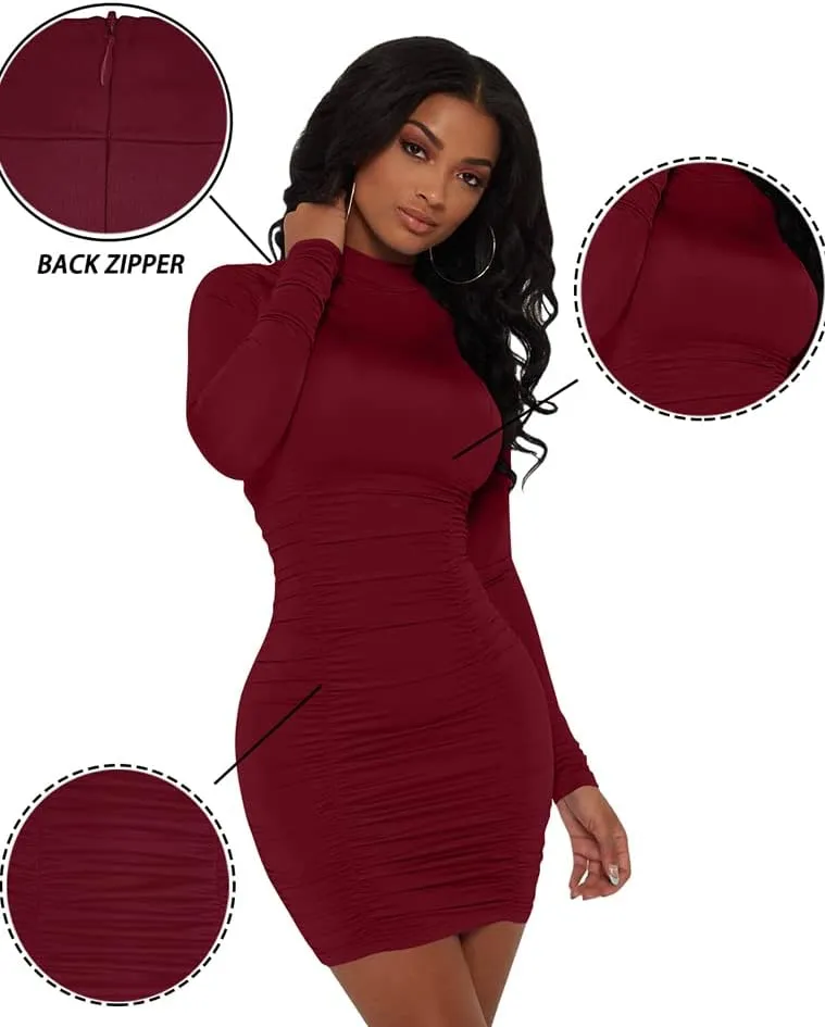 GOKATOSAU Women's Sexy Stand Neck Bodycon Long Sleeve Ruched Club Party Mini Dress