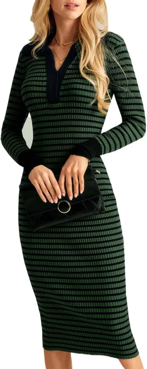 GRACE KARIN Women's Fall Striped Knit Pullover Casual Sweater Dress Sexy V Neck Bodycon Lapel Collar Long Sleeve Midi Dresses
