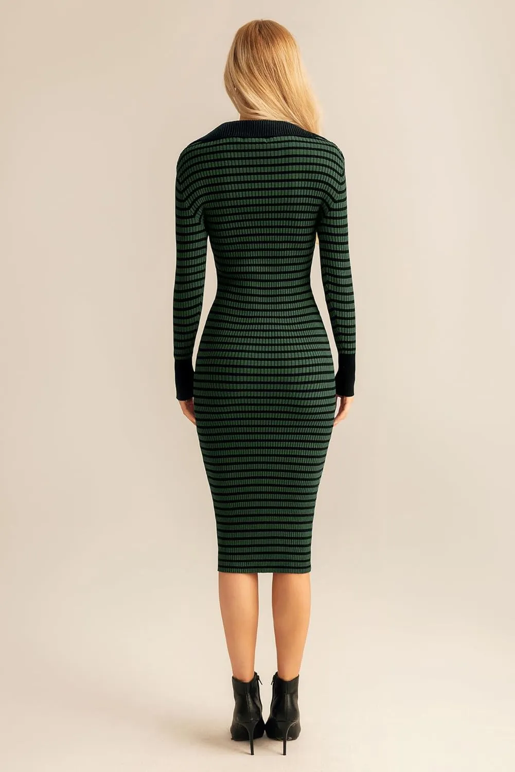 GRACE KARIN Women's Fall Striped Knit Pullover Casual Sweater Dress Sexy V Neck Bodycon Lapel Collar Long Sleeve Midi Dresses