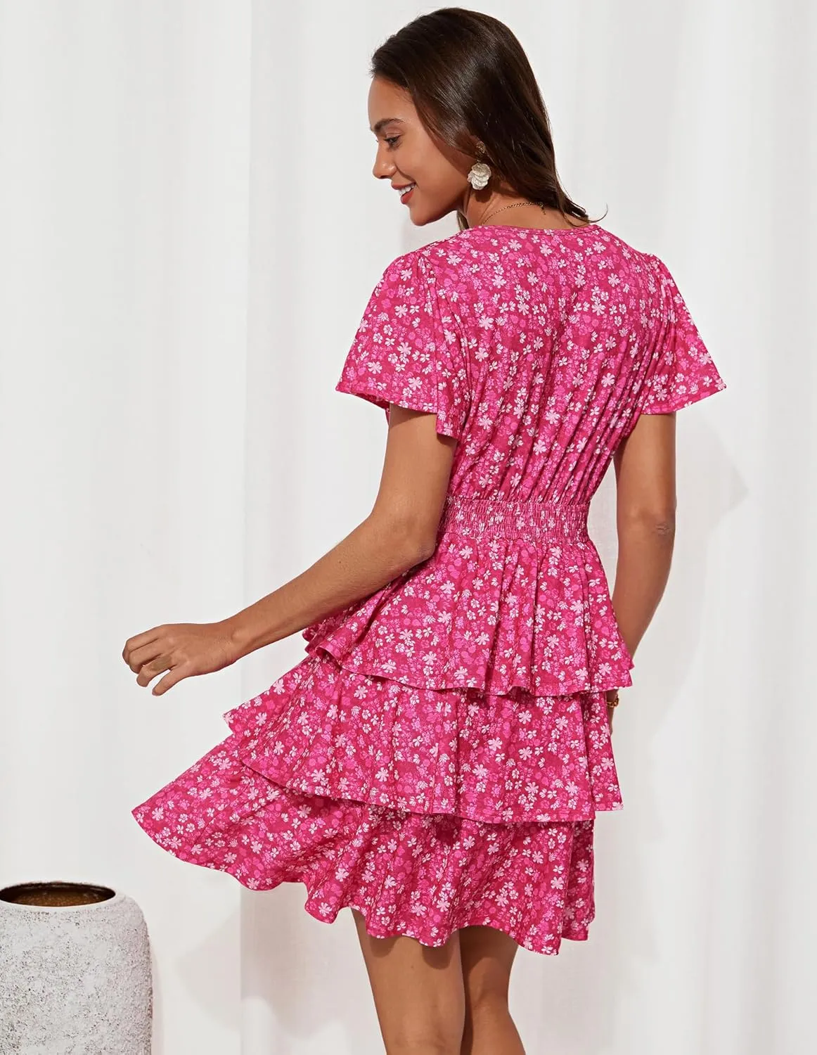 GRACE KARIN Women's Summer Dresses 2025 Floral Short Sleeve V Neck Ruffle Tiered Layered Boho Mini Dress