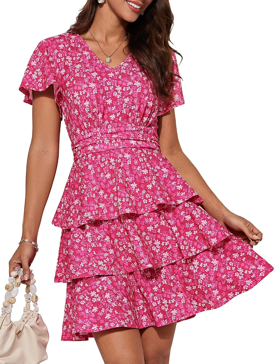 GRACE KARIN Women's Summer Dresses 2025 Floral Short Sleeve V Neck Ruffle Tiered Layered Boho Mini Dress