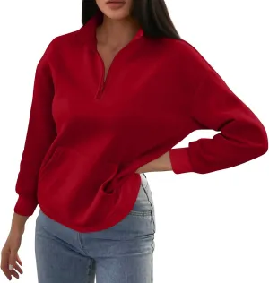 Gumipy Quarter Zip Pullover Women Stand Collar Fleece Oversized Sweatshirt Trendy Long Sleeve Half Zip Pullover with Pocket