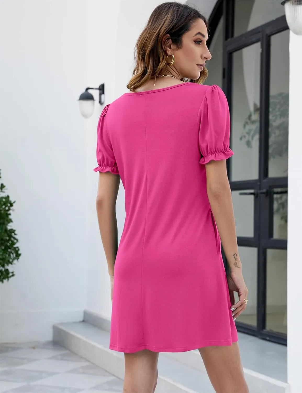 Halife Womens Summer Dresses Casual Puff Short Sleeve V-Neck T Shirt Dress with Pockets