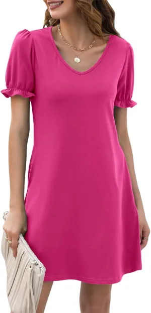 Halife Womens Summer Dresses Casual Puff Short Sleeve V-Neck T Shirt Dress with Pockets