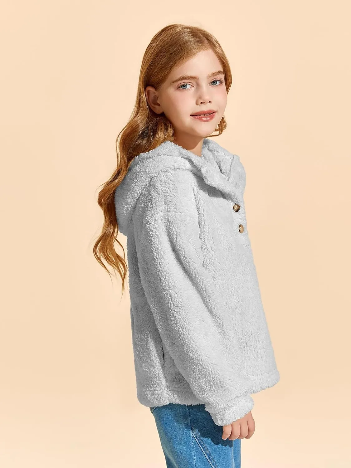 Haloumoning Girls Sherpa Hoodies Kids Fashion Fuzzy Fleece Half Button Long Sleeve Sweatshirt 5-14 Years
