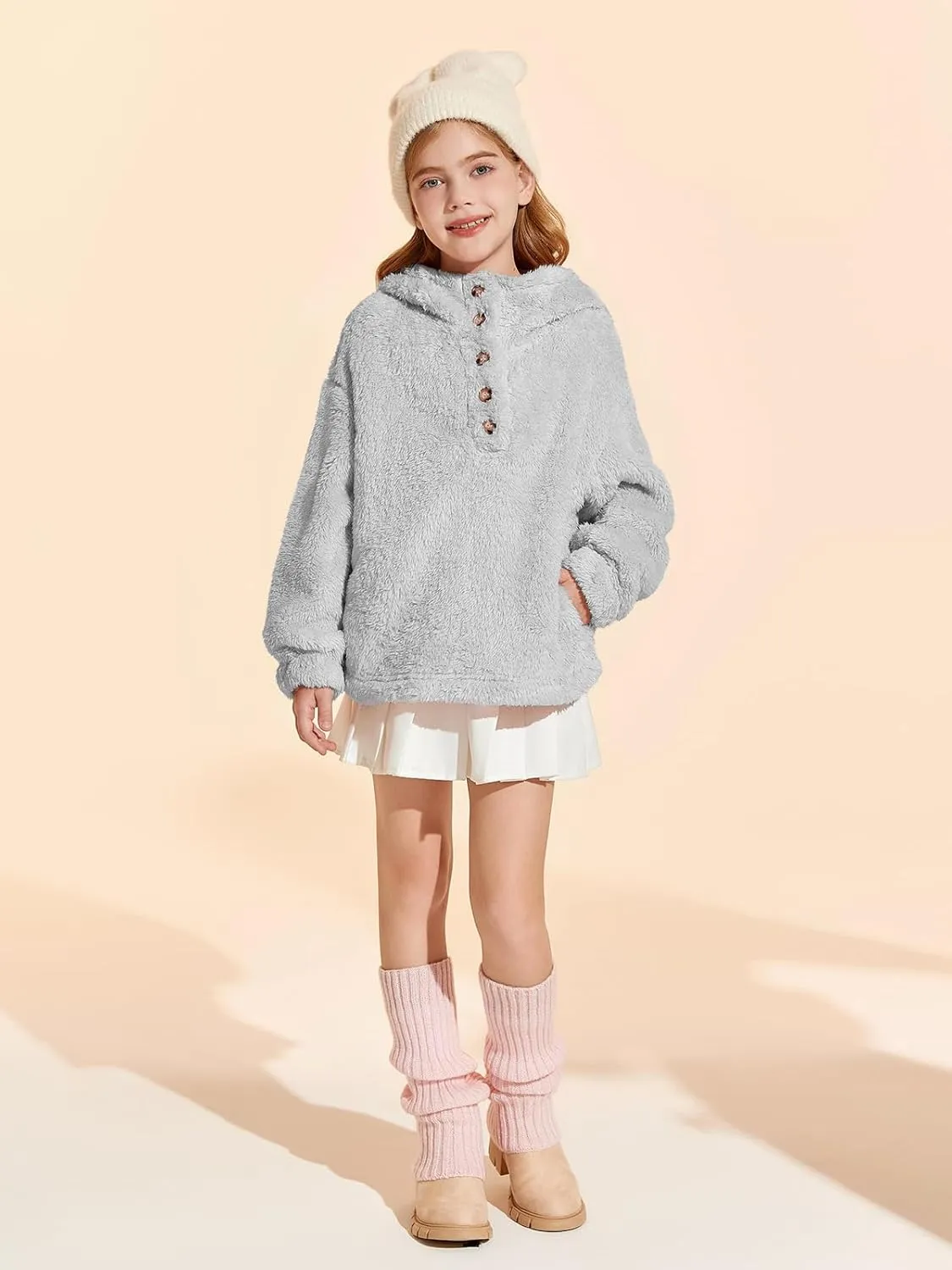 Haloumoning Girls Sherpa Hoodies Kids Fashion Fuzzy Fleece Half Button Long Sleeve Sweatshirt 5-14 Years