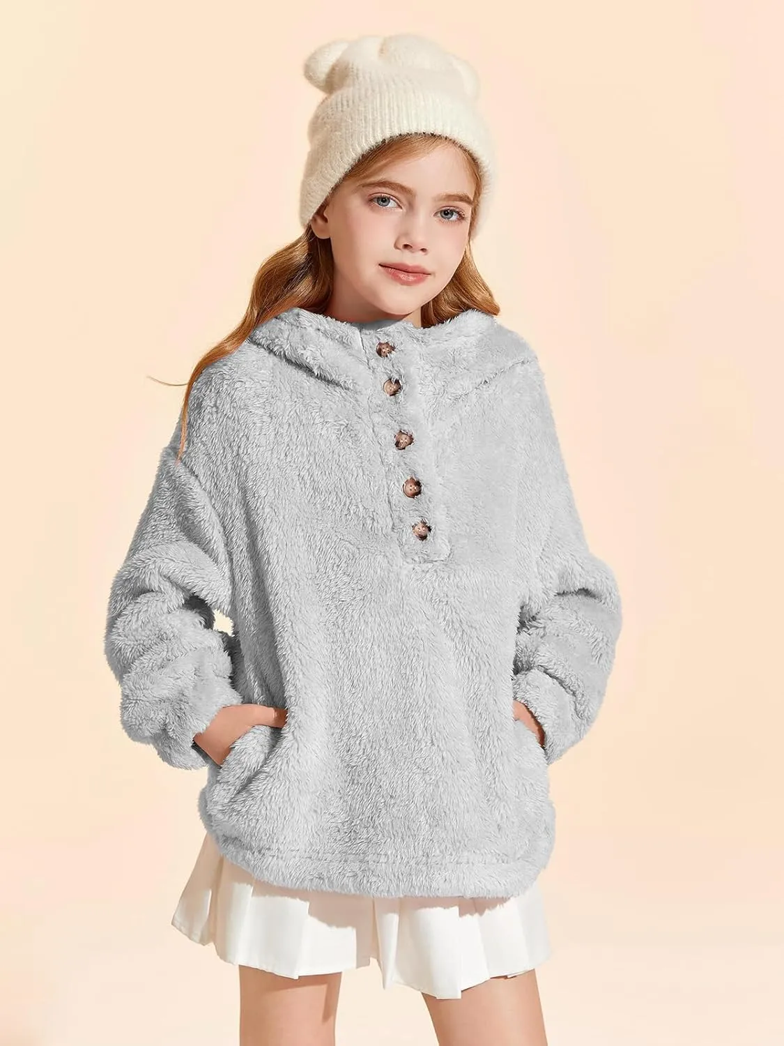 Haloumoning Girls Sherpa Hoodies Kids Fashion Fuzzy Fleece Half Button Long Sleeve Sweatshirt 5-14 Years