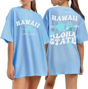 Hawaiian Shirt Women Oversized Hawaii State Aloha Graphic Letter Print T-Shirt Hibiscus Flower Casual Summer Beach Tee Top