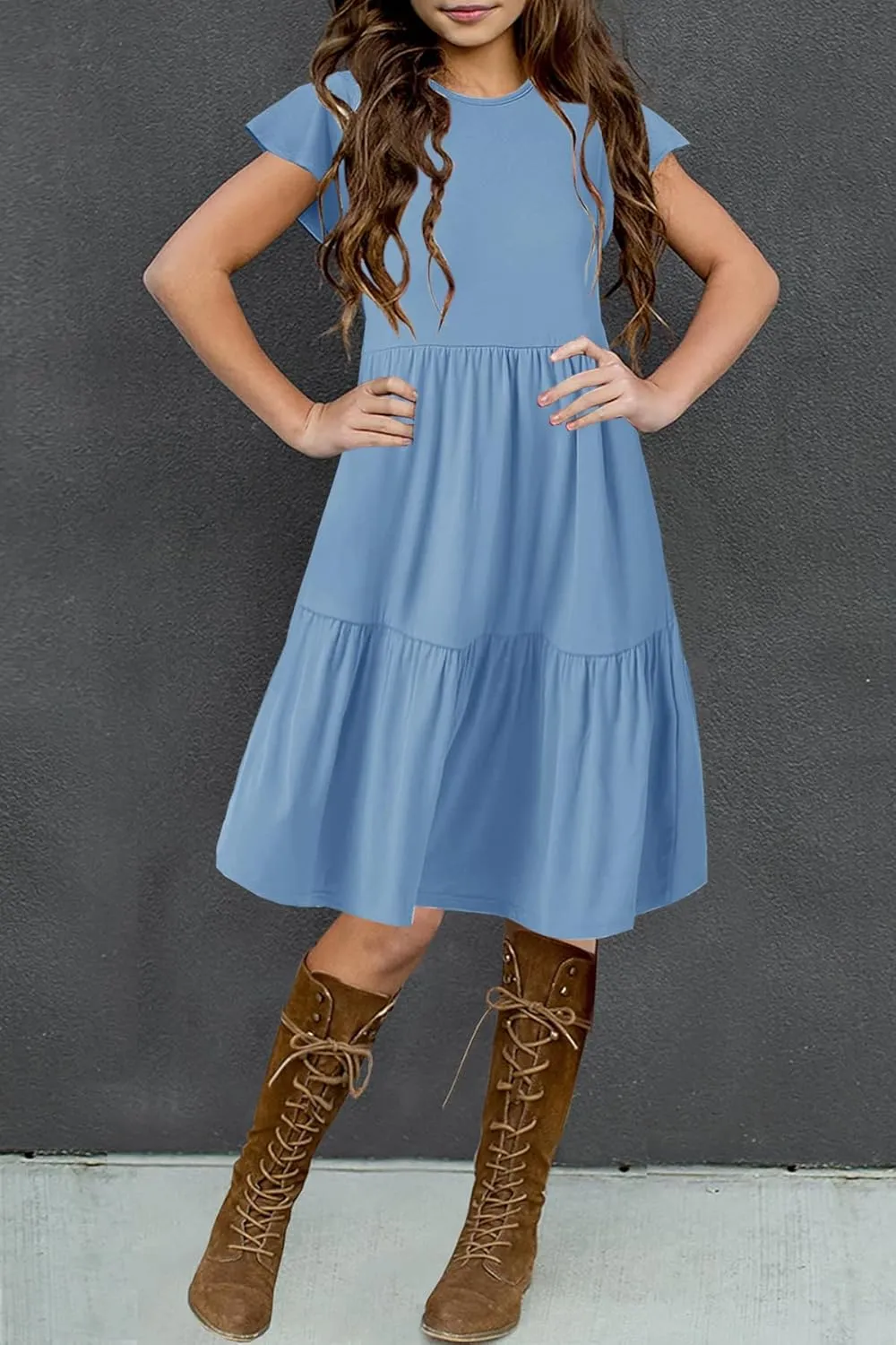 HOSIKA Girls Summer Ruffle Short Sleeve Crew Neck Loose Casual Flowy Tiered Short Dress with Pockets for 6-12 Y