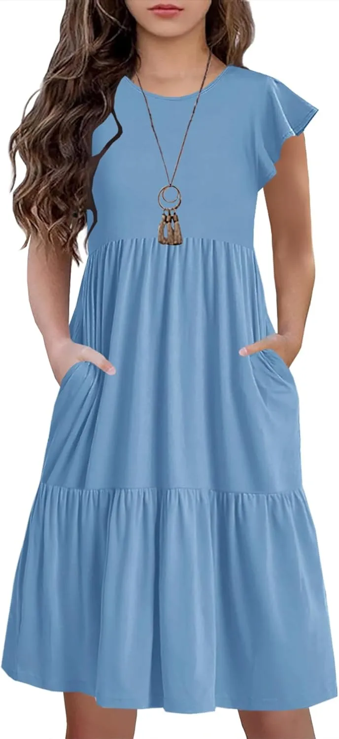 HOSIKA Girls Summer Ruffle Short Sleeve Crew Neck Loose Casual Flowy Tiered Short Dress with Pockets for 6-12 Y