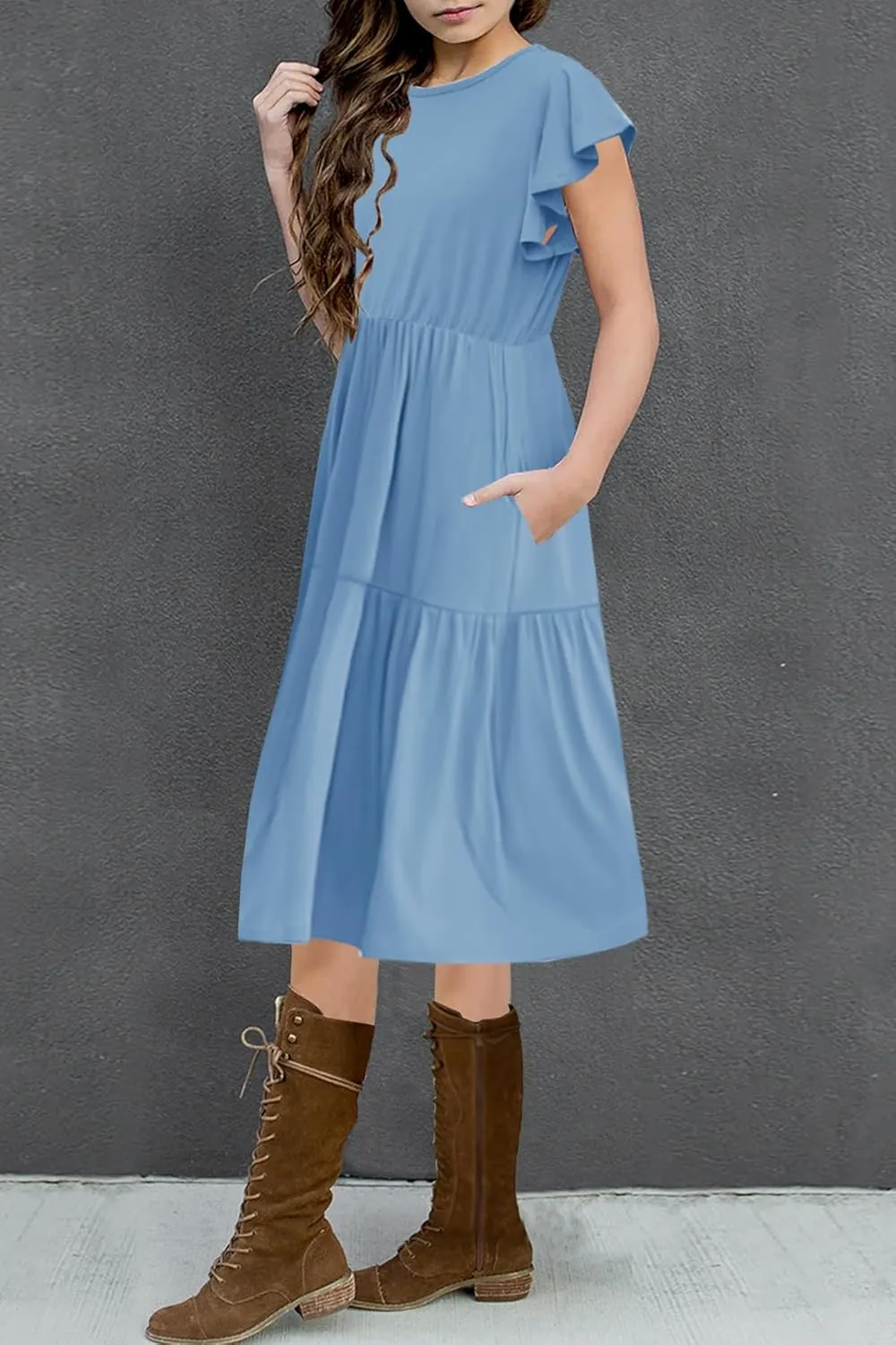 HOSIKA Girls Summer Ruffle Short Sleeve Crew Neck Loose Casual Flowy Tiered Short Dress with Pockets for 6-12 Y