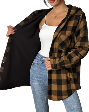 HOTOUCH Women Flannel Fleece Shacket Jacket Plaid Button Down Long Sleeve Shirt 2024 Fall Winter Outfits Clothes with Hooded