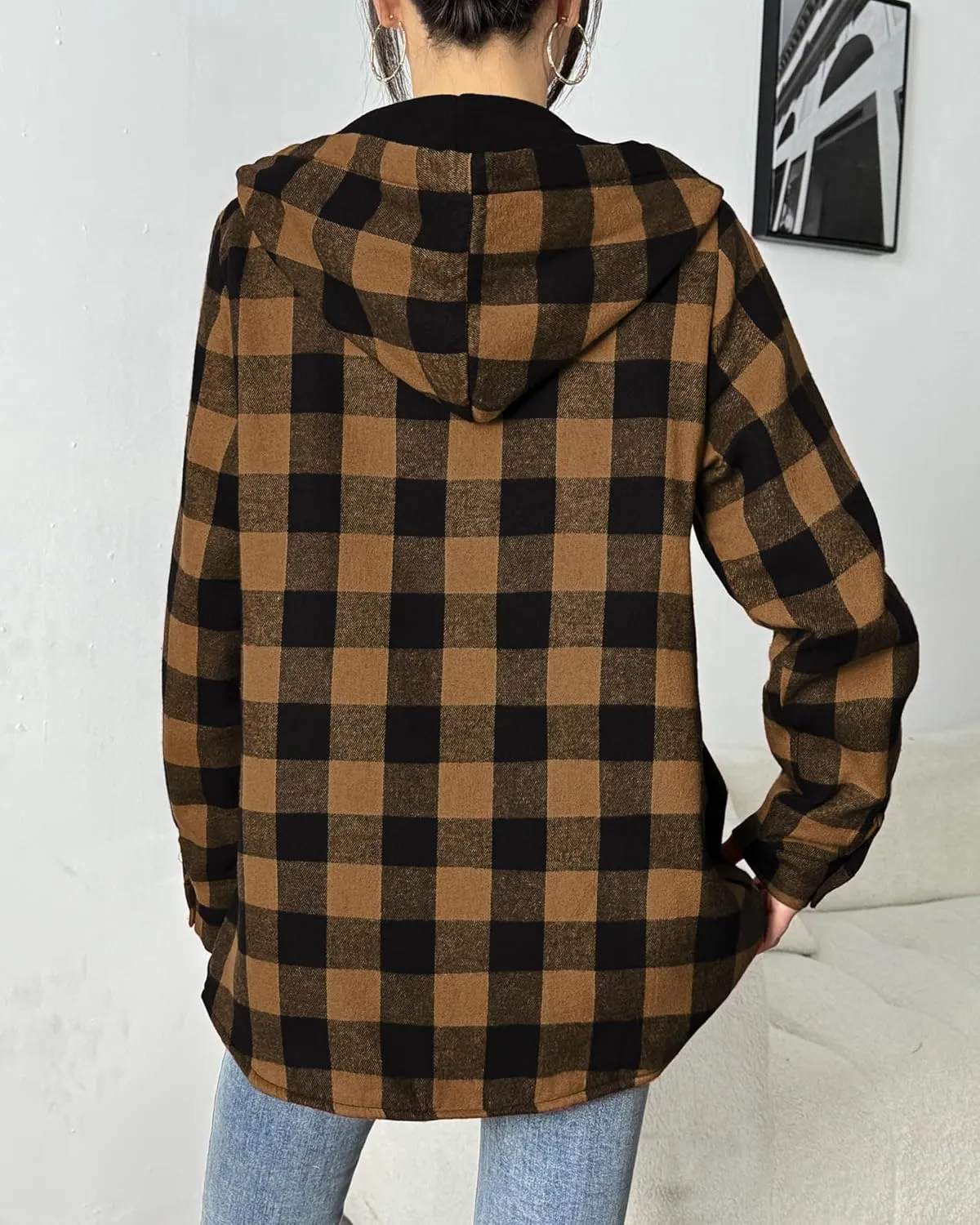 HOTOUCH Women Flannel Fleece Shacket Jacket Plaid Button Down Long Sleeve Shirt 2024 Fall Winter Outfits Clothes with Hooded