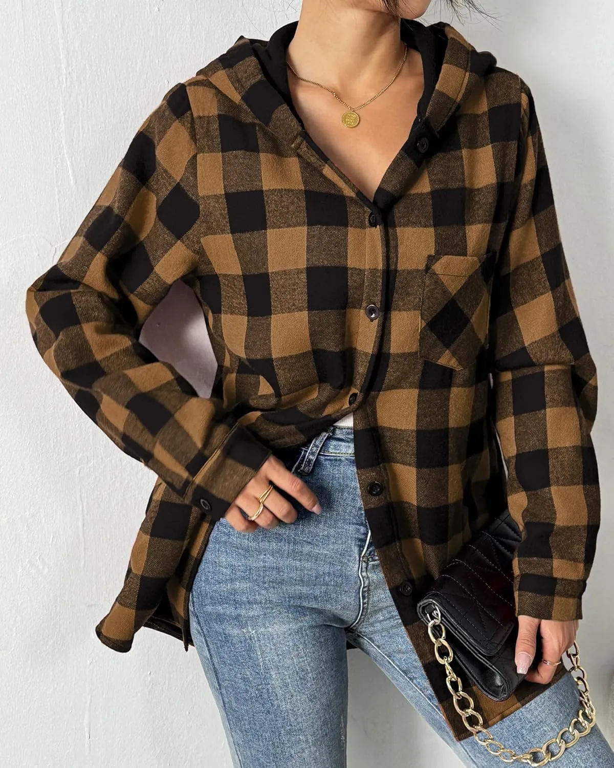 HOTOUCH Women Flannel Fleece Shacket Jacket Plaid Button Down Long Sleeve Shirt 2024 Fall Winter Outfits Clothes with Hooded