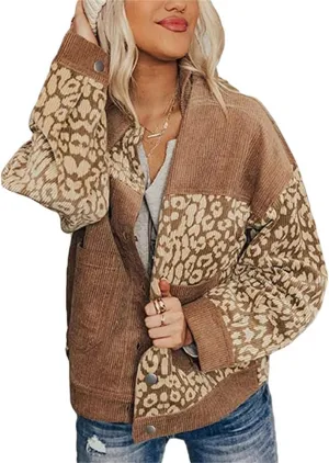 HOULENGS Women's Leopard Print Long Sleeve Corduroy Shacket Jacket Button Down Lapel Shirt Tops with Pocket